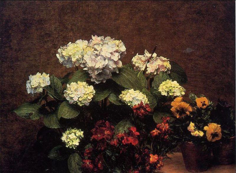 Henri Fantin-Latour Hydrangias Cloves and Two Pots of Pansies